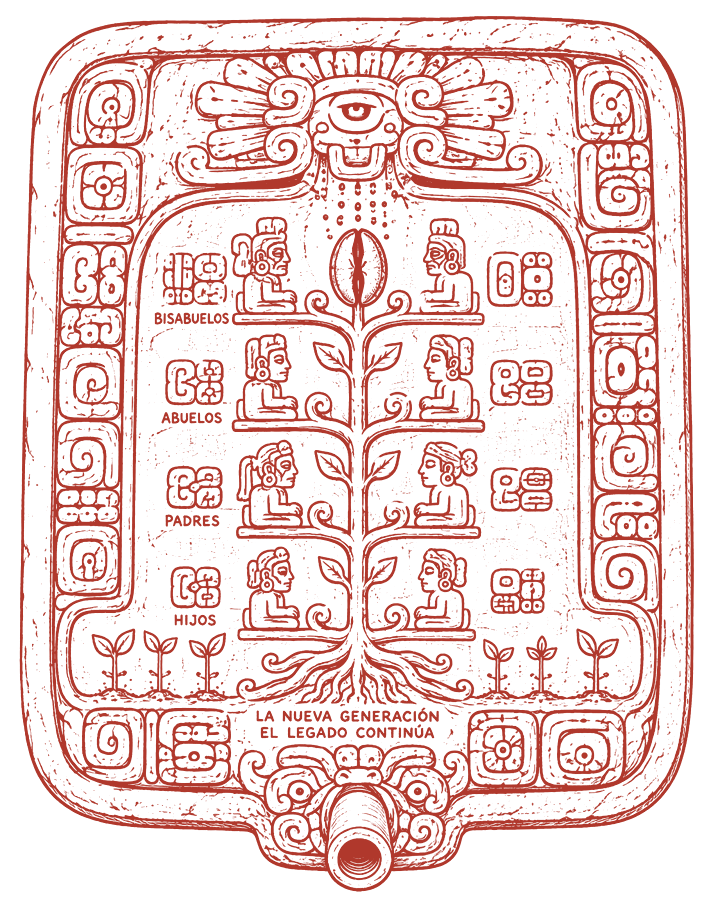 Grabado del árbol de generaciones con glifos mayas