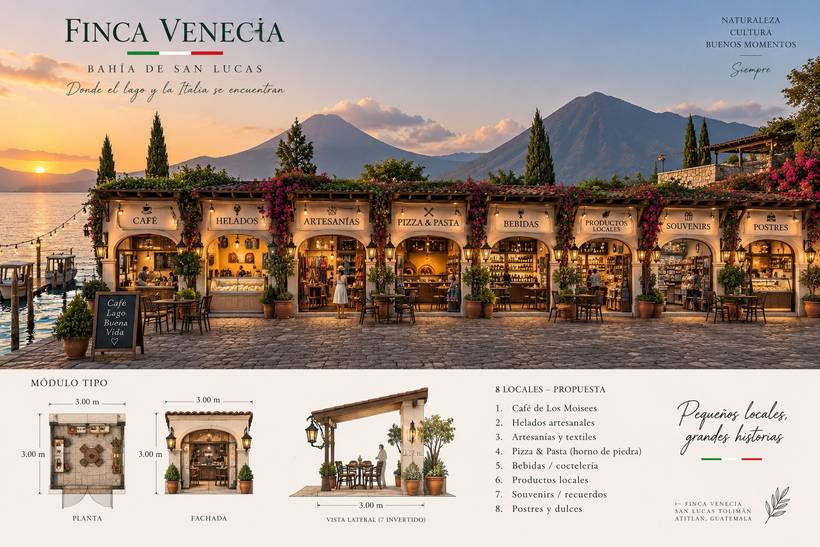 Ilustración de la propuesta del Paseo Venecia: pequeños locales con arcos frente al lago y los volcanes